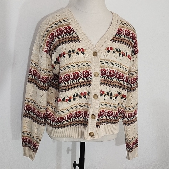 American Vintage Cardigan Cotton Blend Grannycore Floral by BUGC Cream Size L - Picture 6 of 14